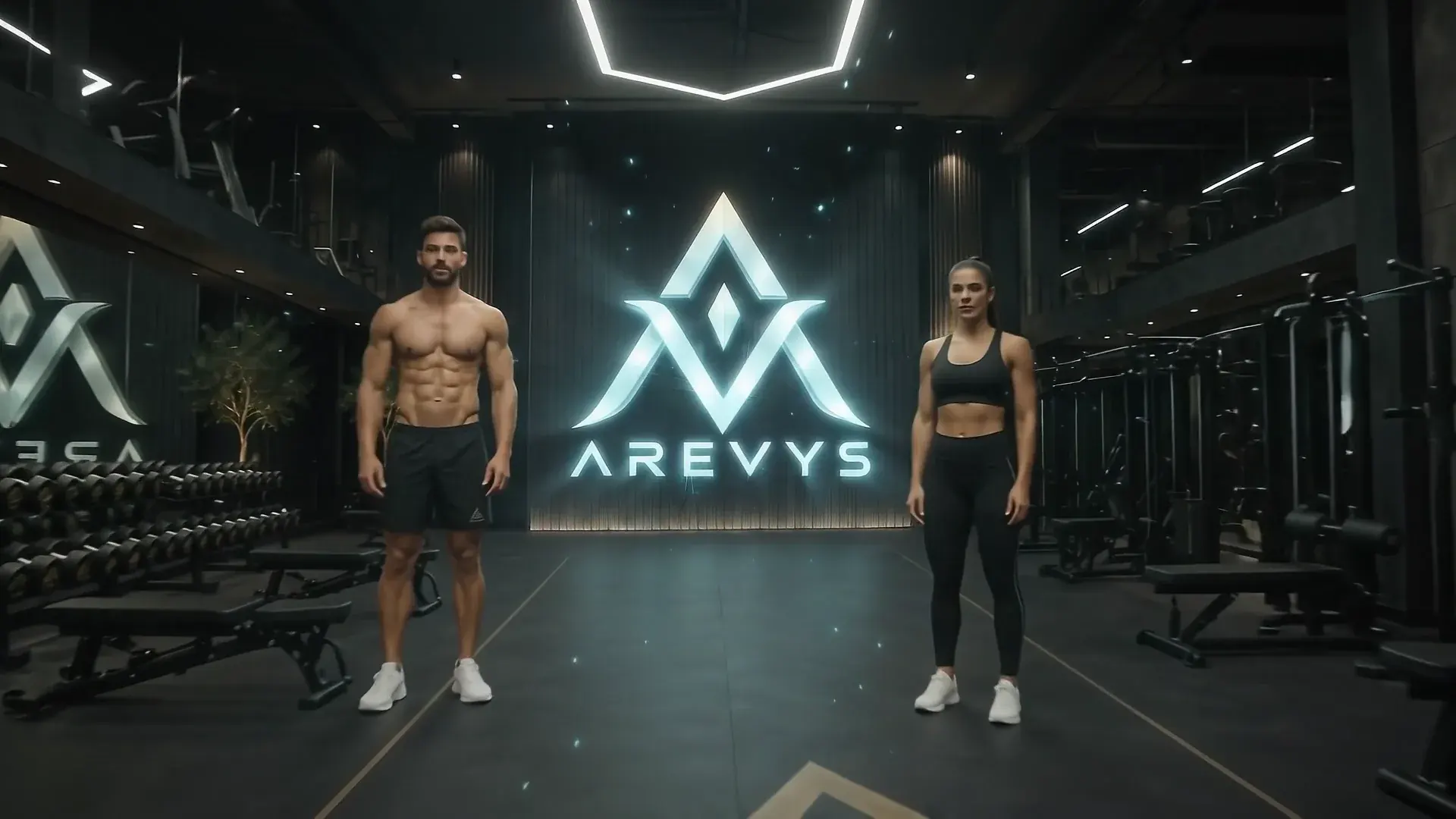 Aquiles y Helena en el gimnasio AREVYS, frente al logotipo